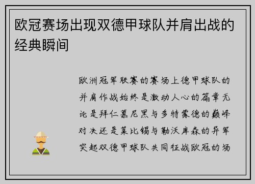 欧冠赛场出现双德甲球队并肩出战的经典瞬间
